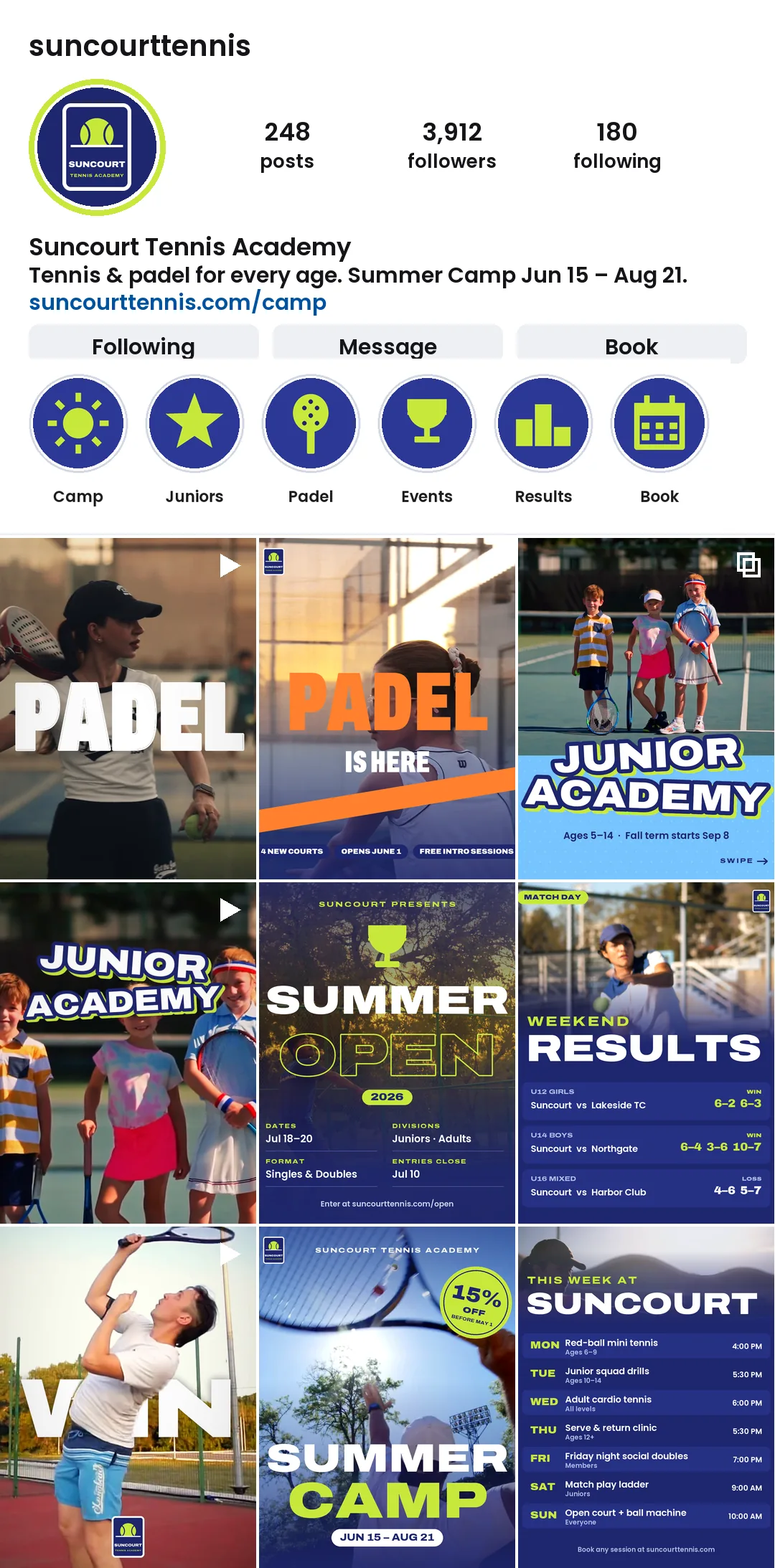 Instagram profile mockup for Suncourt Tennis Academy showing Reels, posts and highlight covers